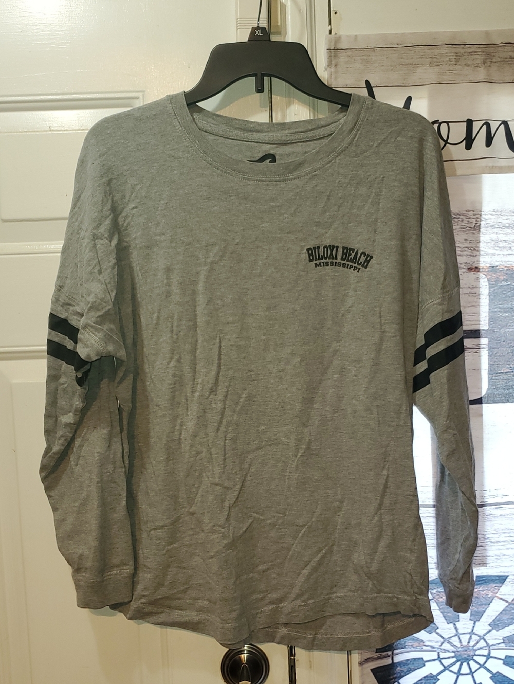 surf style Gray Biloxi Beach Long Sleeve Tee with Black Sleeve Stripes